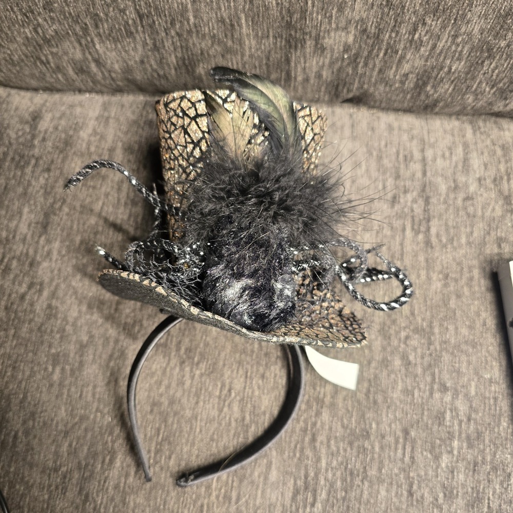 Rose Gold Black Metallic Mini Top Hat Headband‎ Feathers Fascinator Costume - Picture 6 of 6